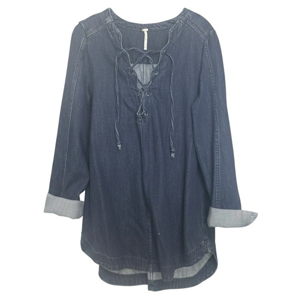 Free People Neapolitan Dreams Med Bohemian Denim Lace-up Tunic Jean Shirt Indigo